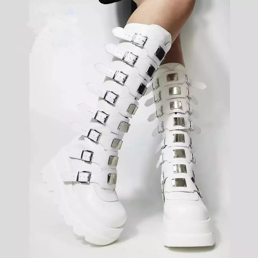 Multi-Buckle Platform Knee-High Boots White / 35 Apparel and Accessories