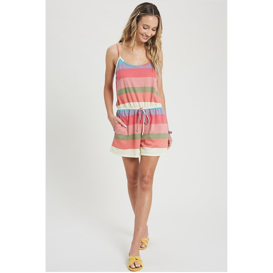 NEW! Multi-coloured Striped Romper with Spaghetti Straps Waist Tie Detail and Pockets Jumpsuits and Rompers