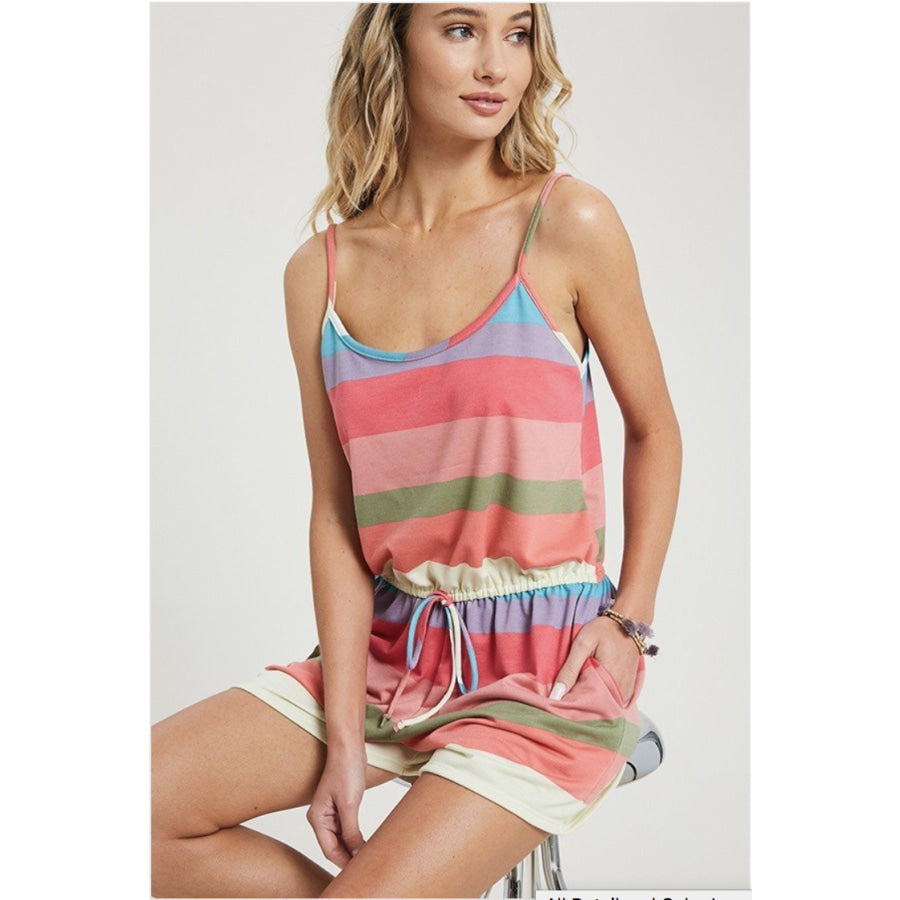 NEW! Multi-coloured Striped Romper with Spaghetti Straps Waist Tie Detail and Pockets Jumpsuits and Rompers