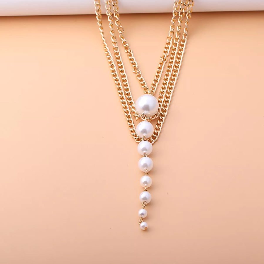 Multi-Layer Gold Chain Choker Necklace with Cascading Faux Pearls / onesize Apparel and Accessories
