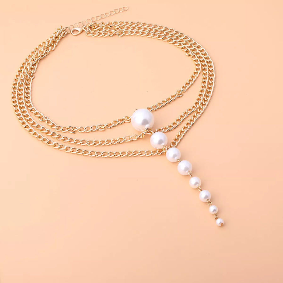 Multi-Layer Gold Chain Choker Necklace with Cascading Faux Pearls / onesize Apparel and Accessories