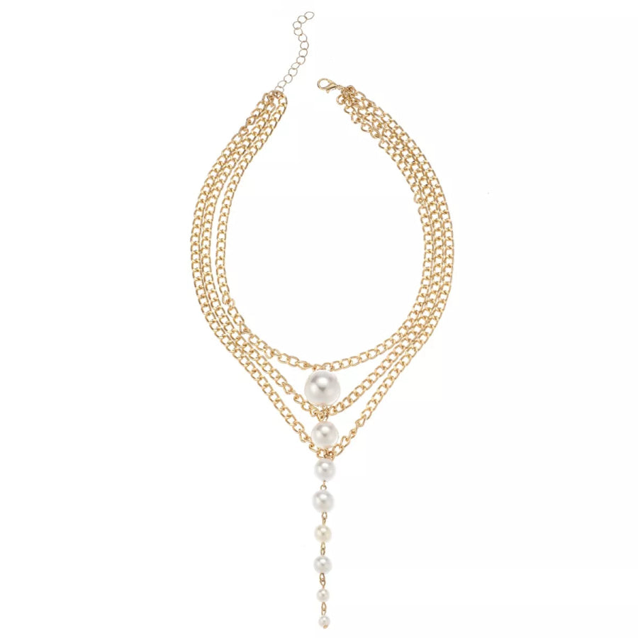 Multi-Layer Gold Chain Choker Necklace with Cascading Faux Pearls / onesize Apparel and Accessories