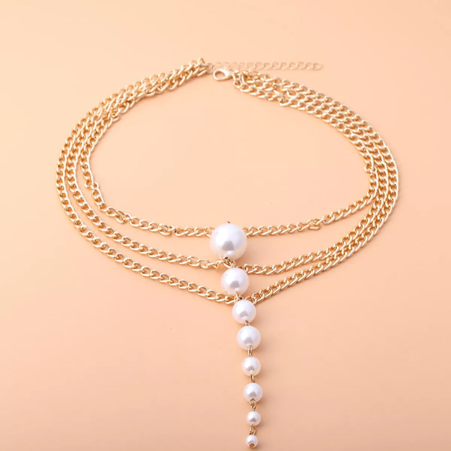 Multi-Layer Gold Chain Choker Necklace with Cascading Faux Pearls / onesize Apparel and Accessories