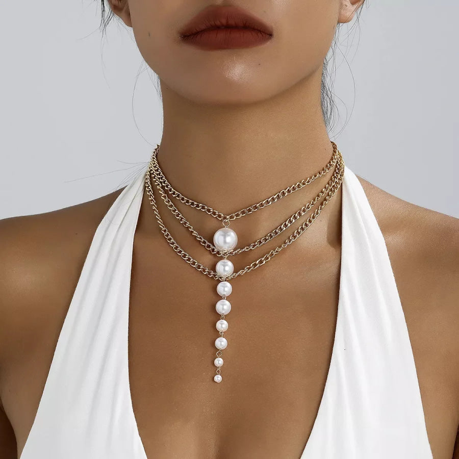 Multi-Layer Gold Chain Choker Necklace with Cascading Faux Pearls / onesize Apparel and Accessories