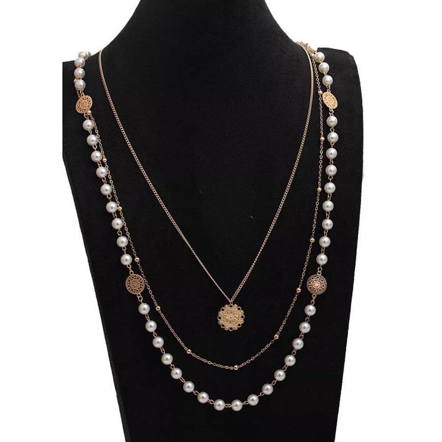 Multi-Layered Pearl and Coin Pendant Necklace Gold / onesize Apparel and Accessories