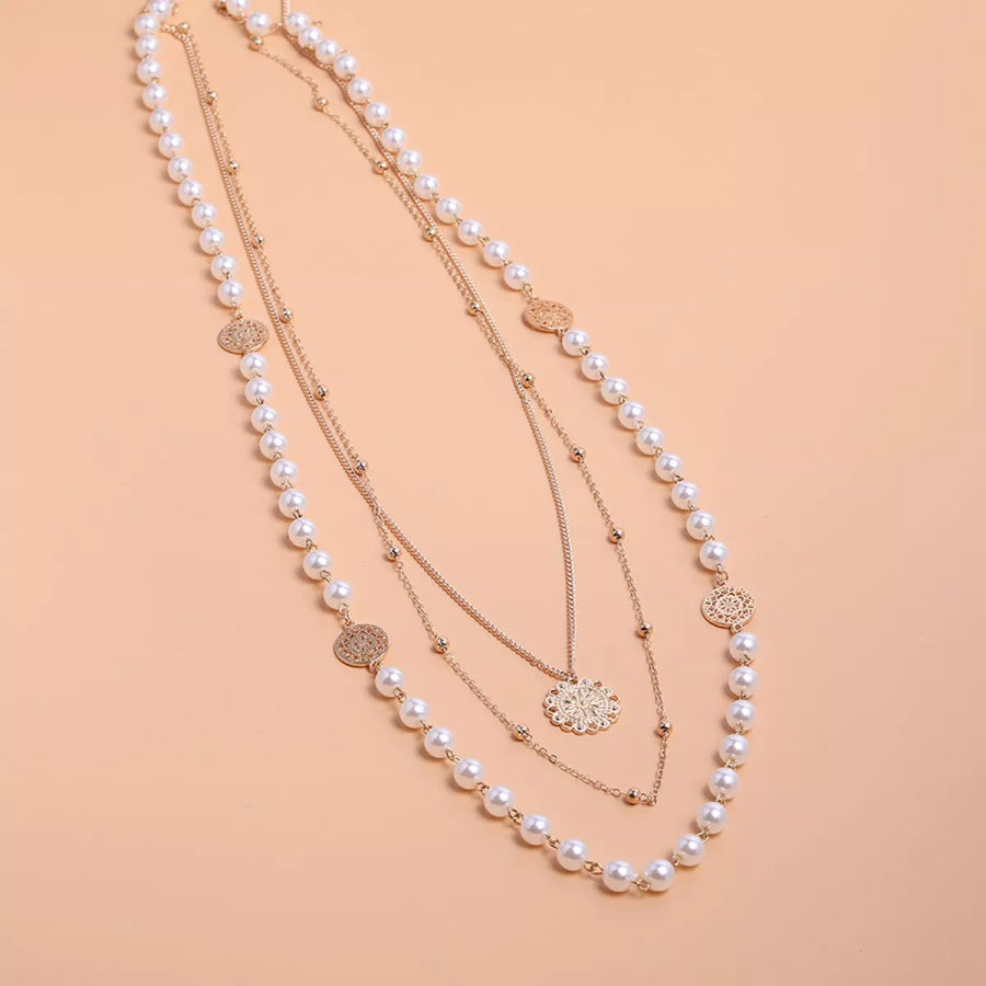 Multi-Layered Pearl and Coin Pendant Necklace Gold / onesize Apparel and Accessories