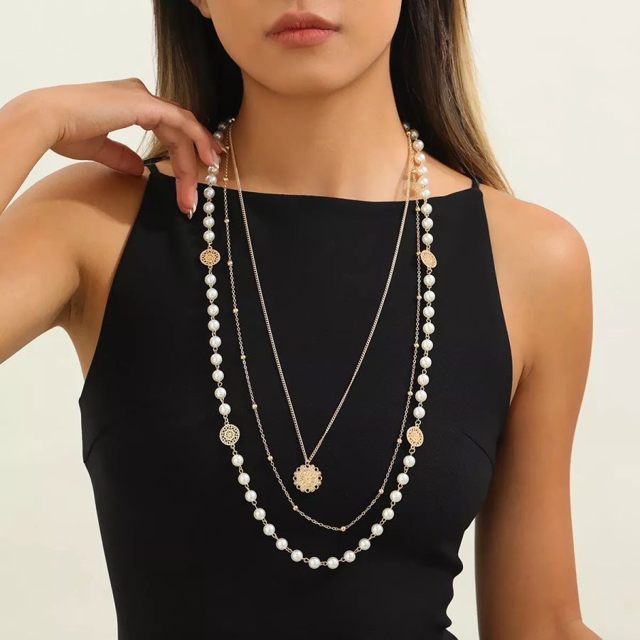 Multi-Layered Pearl and Coin Pendant Necklace Gold / onesize Apparel and Accessories