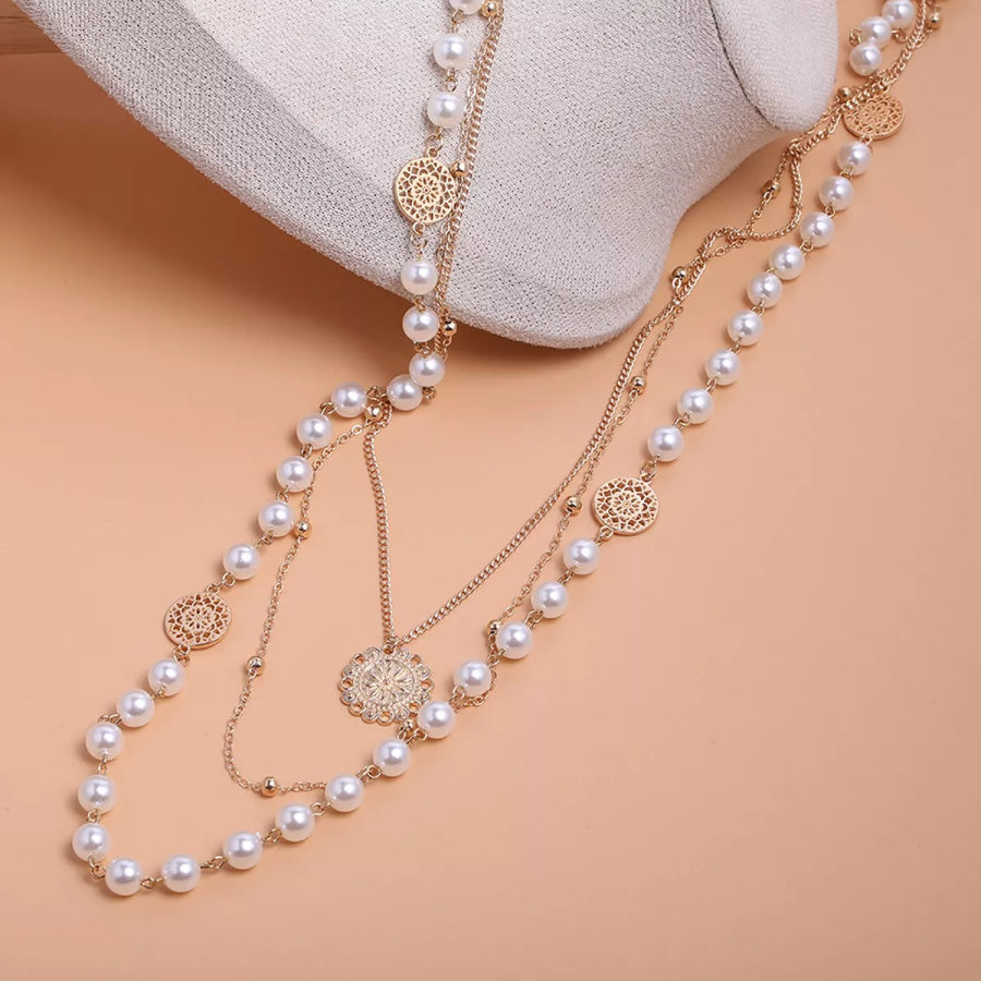 Multi-Layered Pearl and Coin Pendant Necklace Gold / onesize Apparel and Accessories