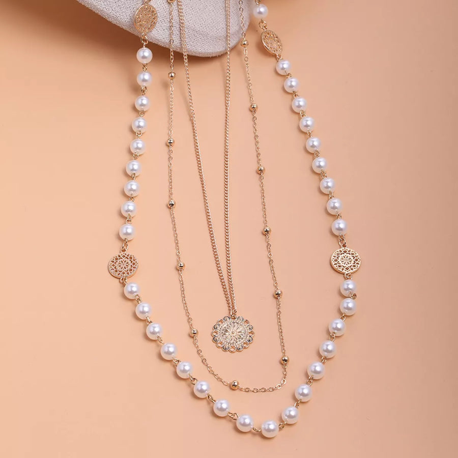 Multi-Layered Pearl and Coin Pendant Necklace Gold / onesize Apparel and Accessories