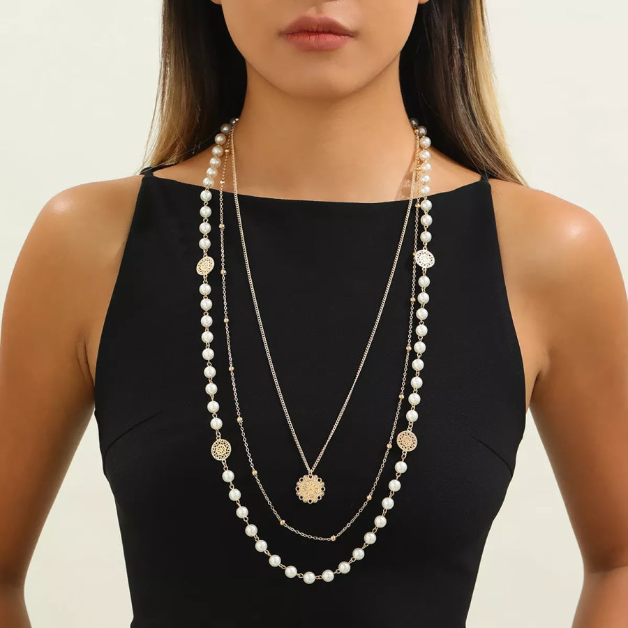 Multi-Layered Pearl and Coin Pendant Necklace Gold / onesize Apparel and Accessories
