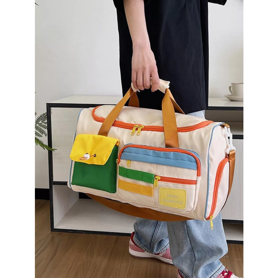 Multi-Pocket Color-Block Travel Bag Beige White / One Size Apparel and Accessories
