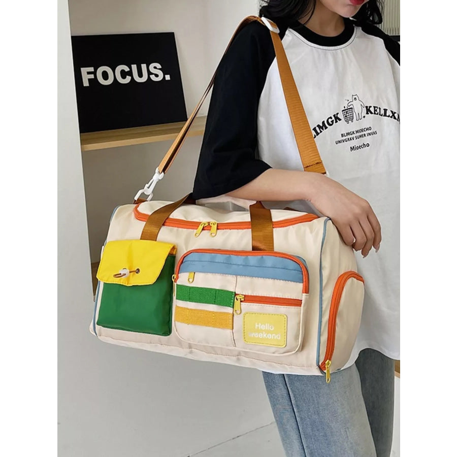 Multi-Pocket Color-Block Travel Bag Beige White / One Size Apparel and Accessories