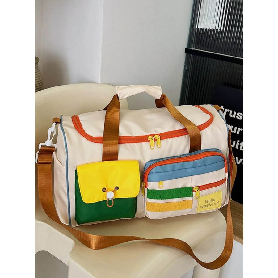 Multi-Pocket Color-Block Travel Bag Beige White / One Size Apparel and Accessories