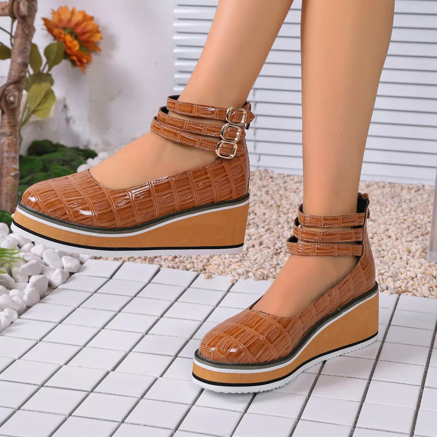 Multi-Strap Wedge Pumps Brown / 36 Apparel and Accessories