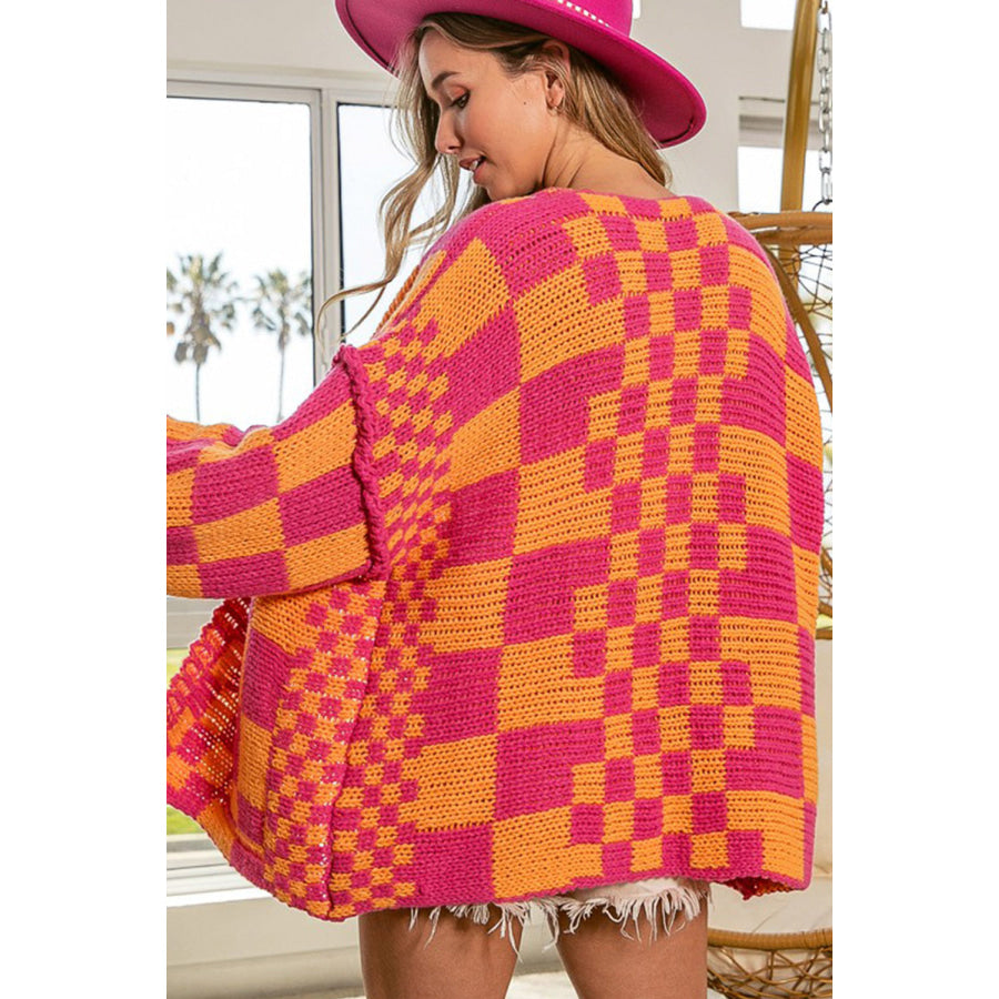 Multicolor Open Front Mixed Checkered Pattern Knit Cardigan Sweaters & Cardigans/Cardigans