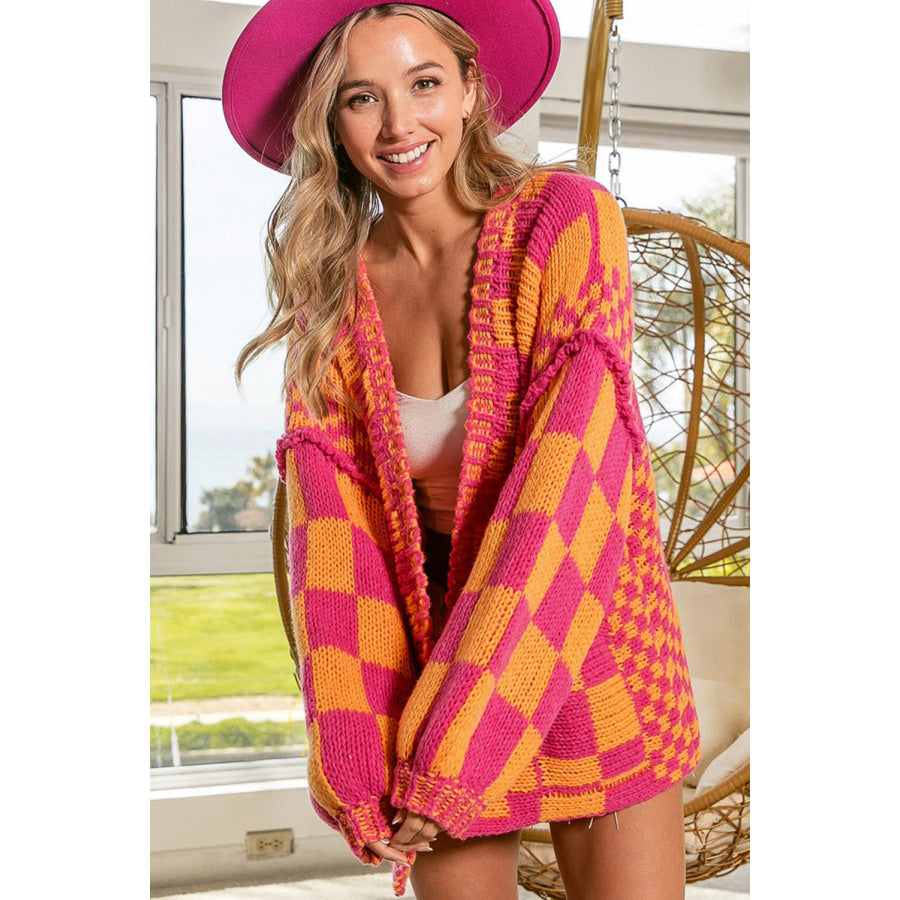 Multicolor Open Front Mixed Checkered Pattern Knit Cardigan Sweaters & Cardigans/Cardigans