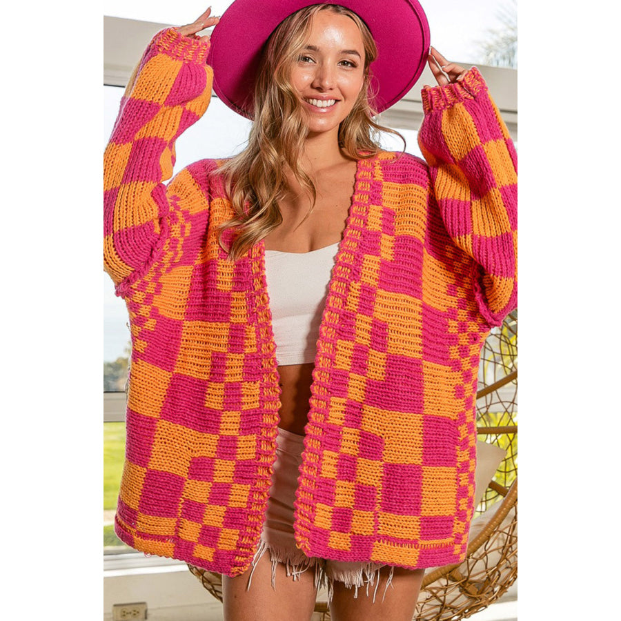 Multicolor Open Front Mixed Checkered Pattern Knit Cardigan Sweaters & Cardigans/Cardigans