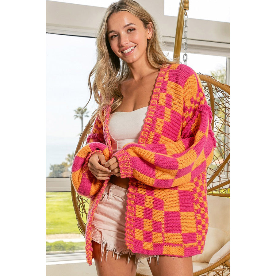 Multicolor Open Front Mixed Checkered Pattern Knit Cardigan Sweaters & Cardigans/Cardigans