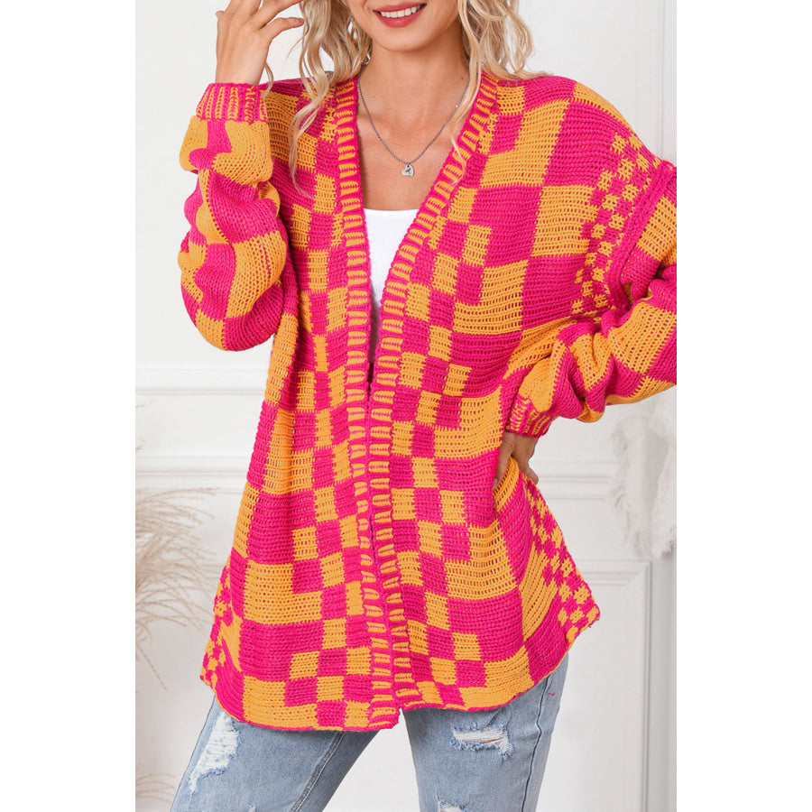 Multicolor Open Front Mixed Checkered Pattern Knit Cardigan Sweaters & Cardigans/Cardigans
