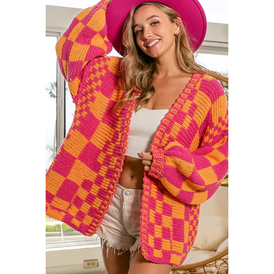 Multicolor Open Front Mixed Checkered Pattern Knit Cardigan Sweaters & Cardigans/Cardigans