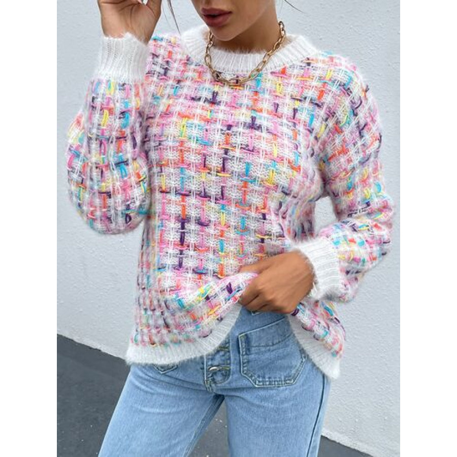 Multicolor Round Neck Dropped Shoulder Sweater Blush Pink / S Apparel and Accessories