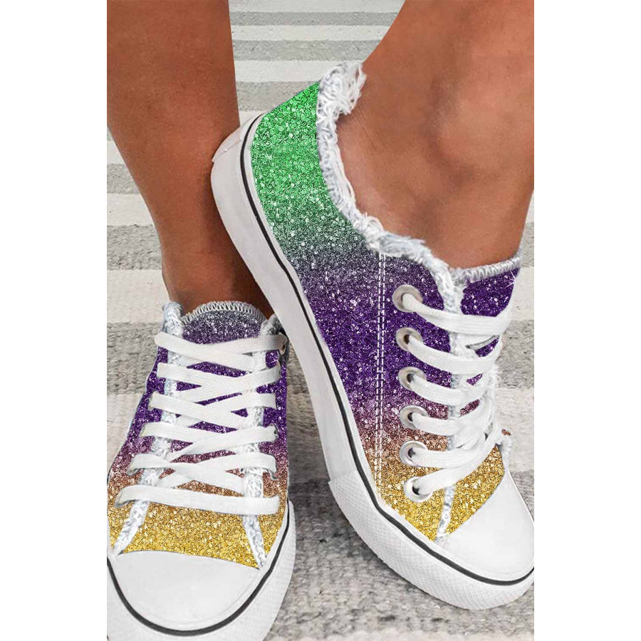 Multicolor Shiny Gradient Raw Hem Lace-up Flat Canvas Shoes Multicolor / 38 / 100% PVC Shoes &amp; Bags/Women’s Shoes