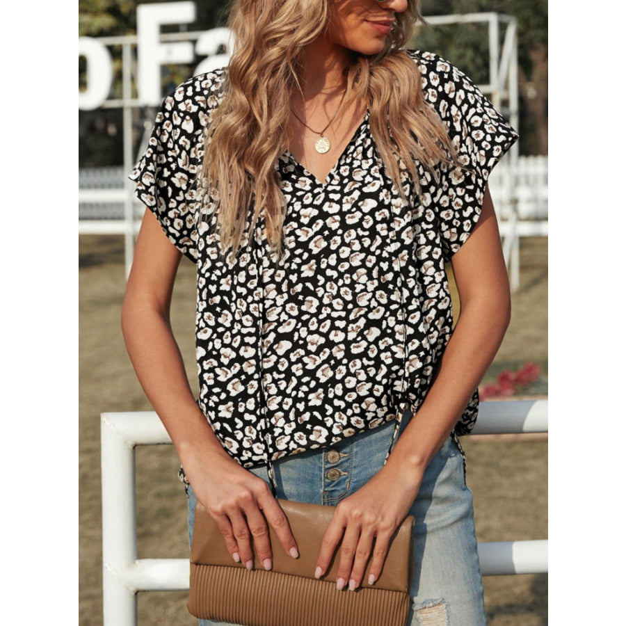 Multicolor V-neck Short Sleeve Leopard Blouse Apparel and Accessories