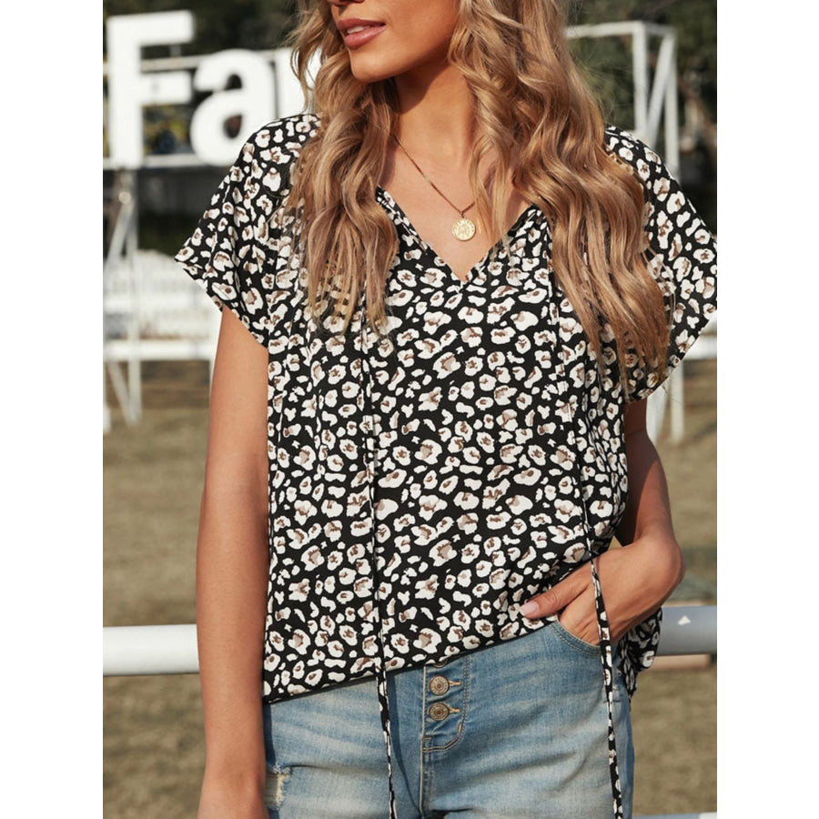 Multicolor V-neck Short Sleeve Leopard Blouse Black / S Apparel and Accessories