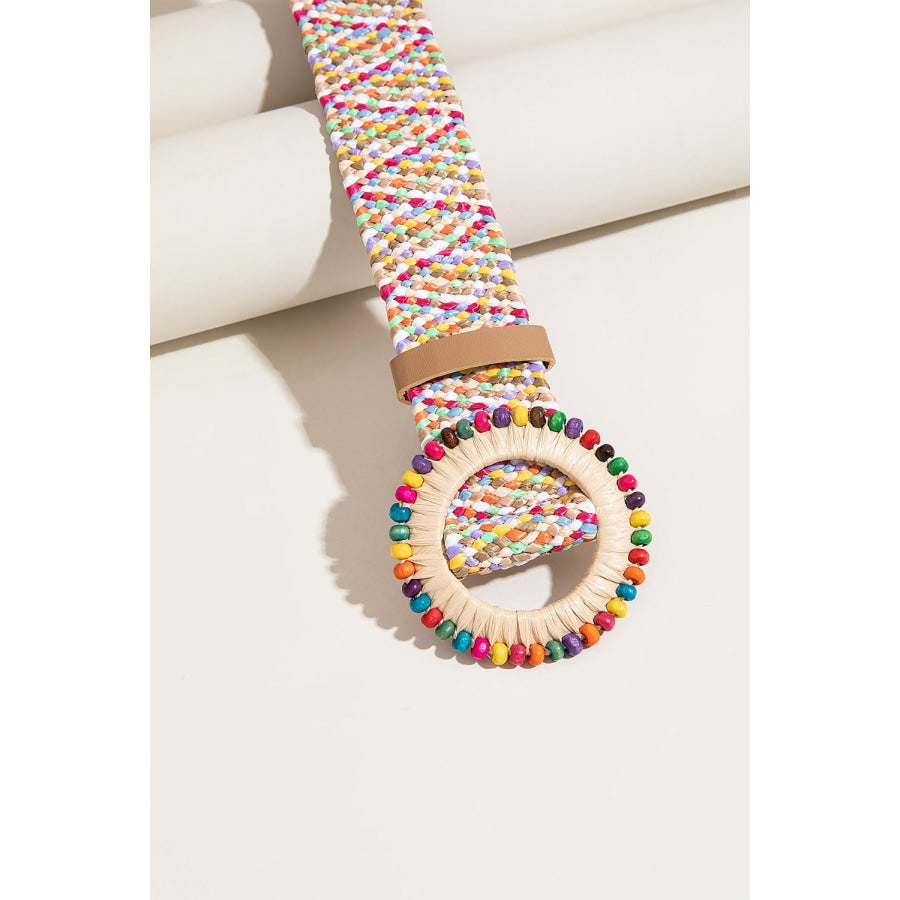 Multicolored Beaded Round Buckle Belt Multicolor / One Size Apparel and Accessories