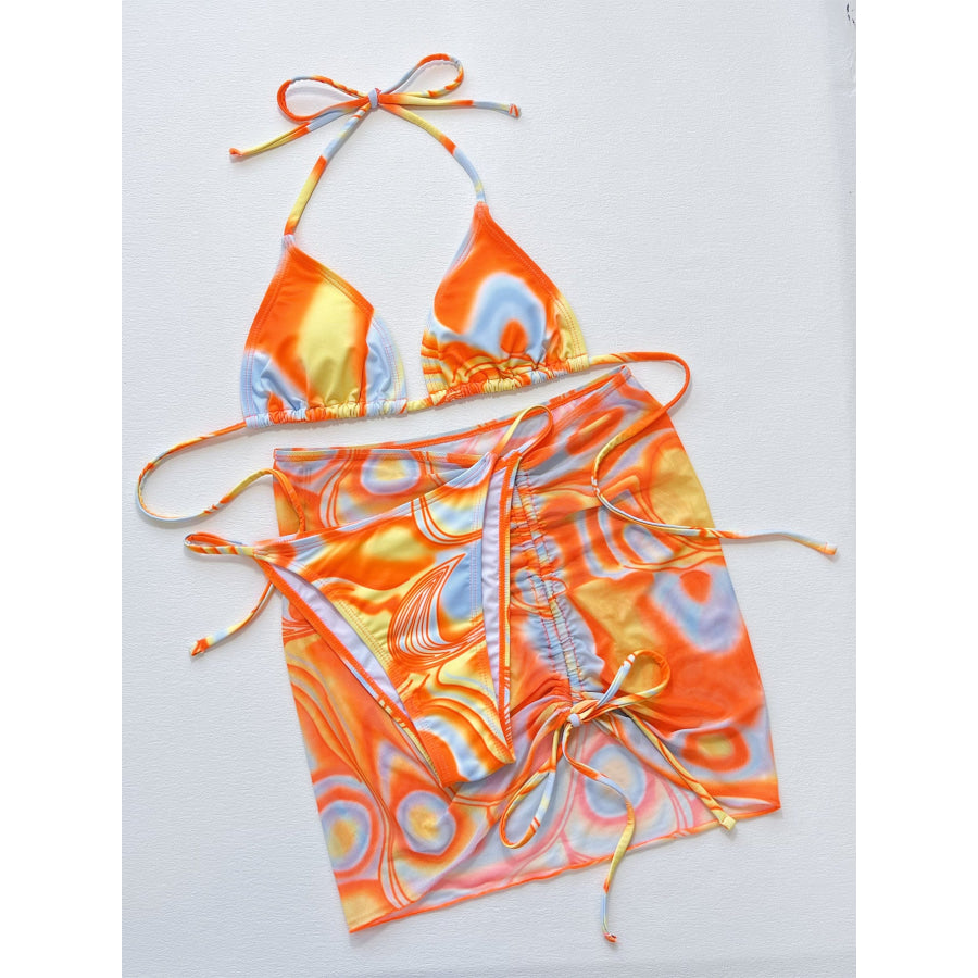 Multicolored Drawstring Ruched Three-Piece Swim Set Apparel and Accessories