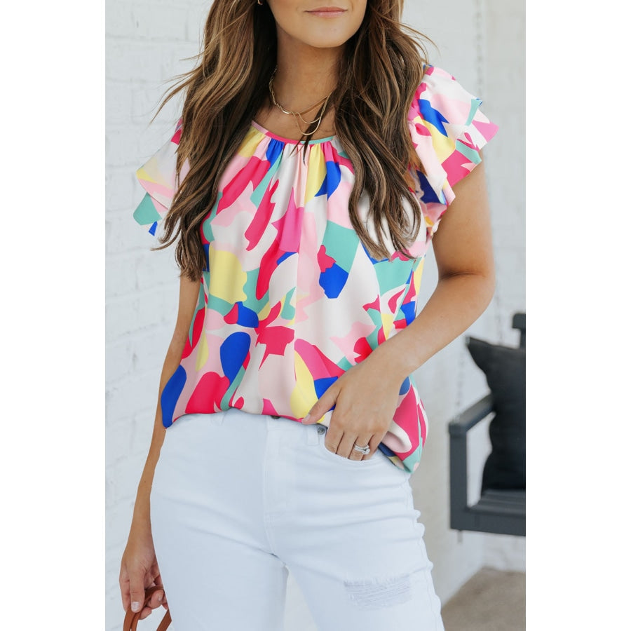 Multicolored Flutter Sleeve Round Neck Blouse