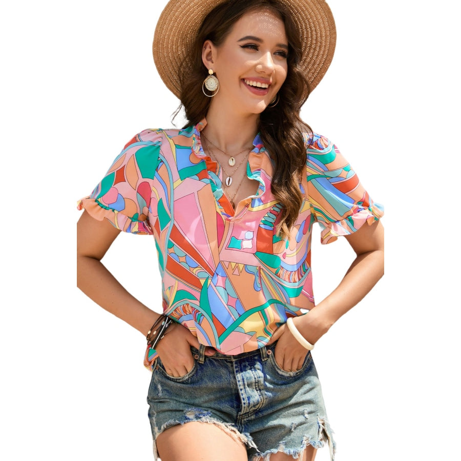 Multicolored Frill Trim V-Neck Flounce Sleeve Blouse