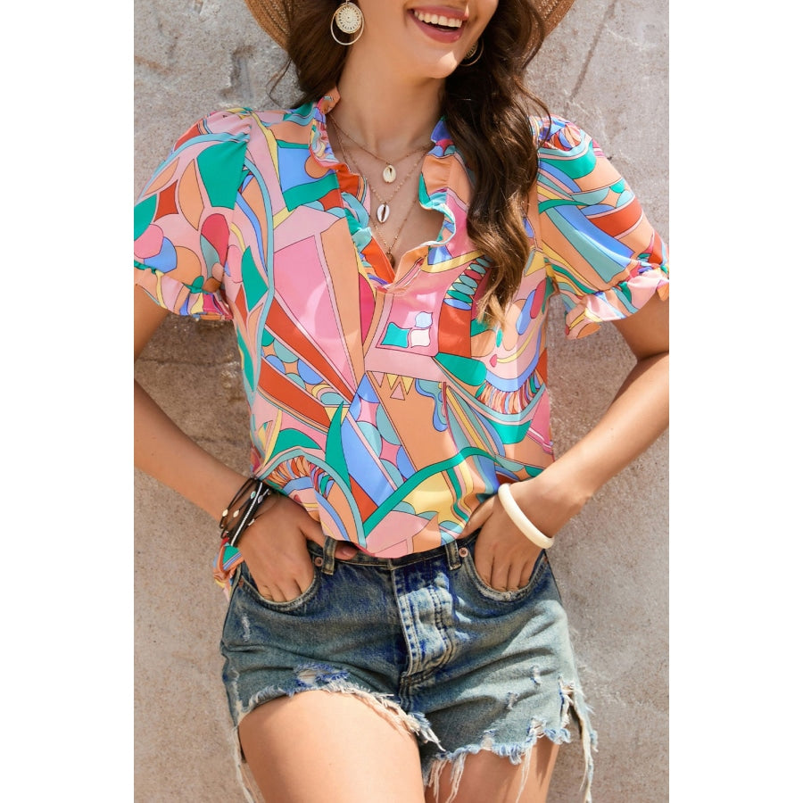 Multicolored Frill Trim V-Neck Flounce Sleeve Blouse