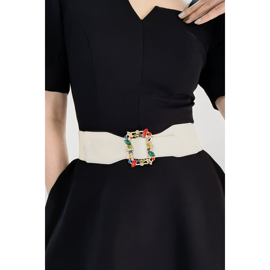 Multicolored Leaf Buckle Elastic Belt Ivory / One Size