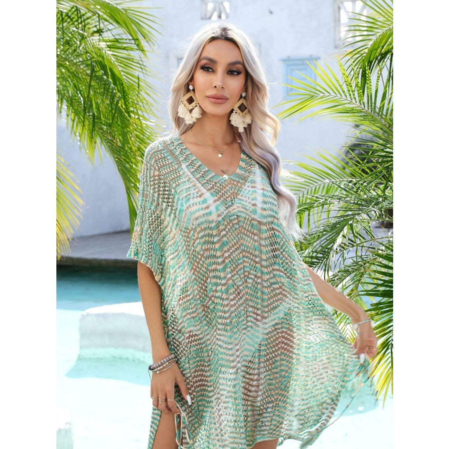 Multicolored Openwork Tassel Slit Cover-Up Green / One Size