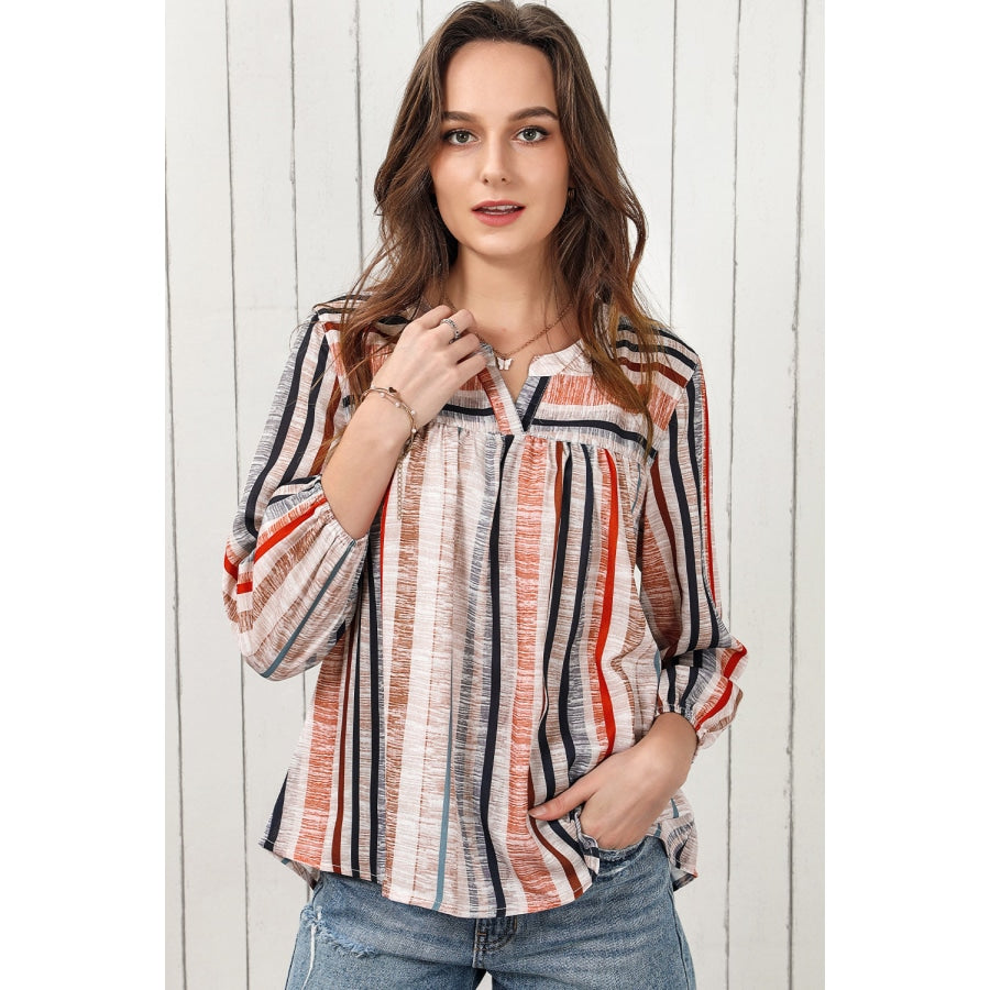 Multicolored Stripe Notched Neck Top Stripe / S