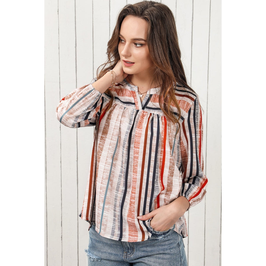 Multicolored Stripe Notched Neck Top Stripe / S