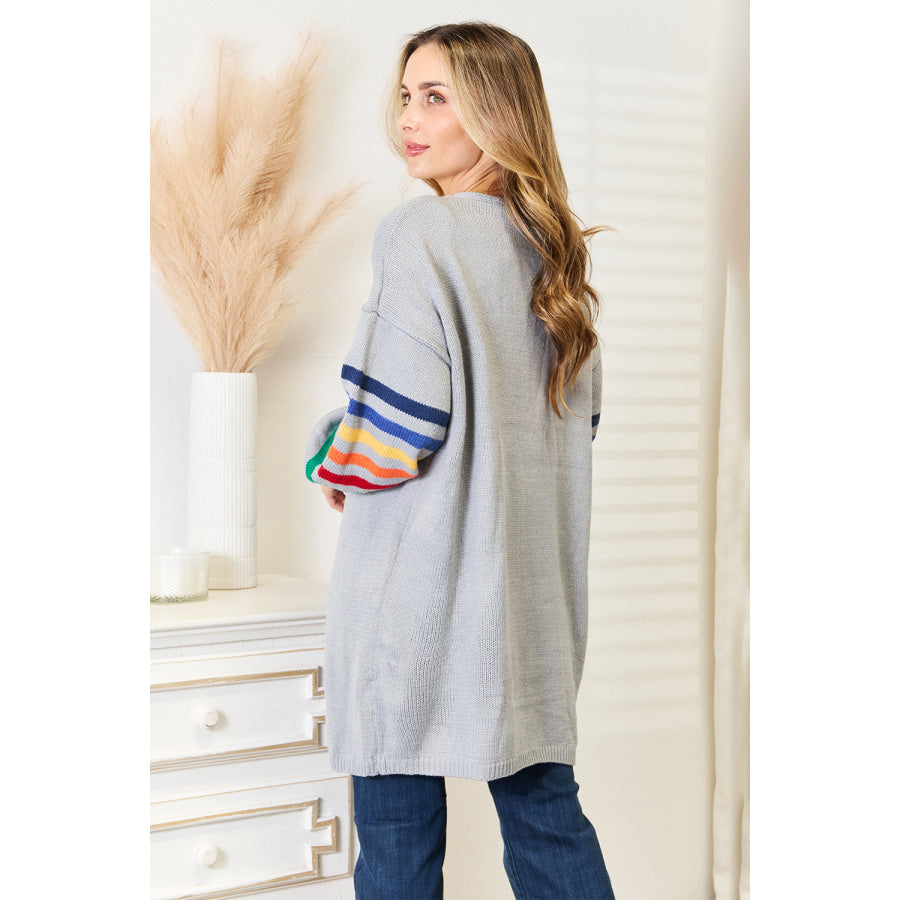 Multicolored Stripe Open Front Longline Cardigan Light Gray / S Apparel and Accessories