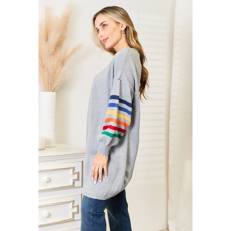 Multicolored Stripe Open Front Longline Cardigan Apparel and Accessories
