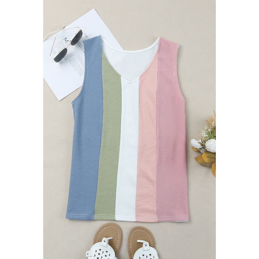 Multicolored Striped Waffle-Knit Sleeveless Tank Pink/Sky Blue / S