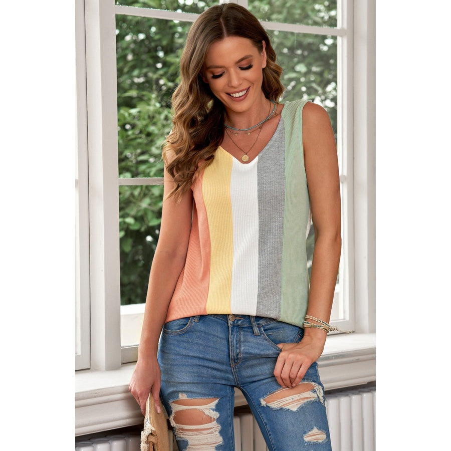 Multicolored Striped Waffle-Knit Sleeveless Tank