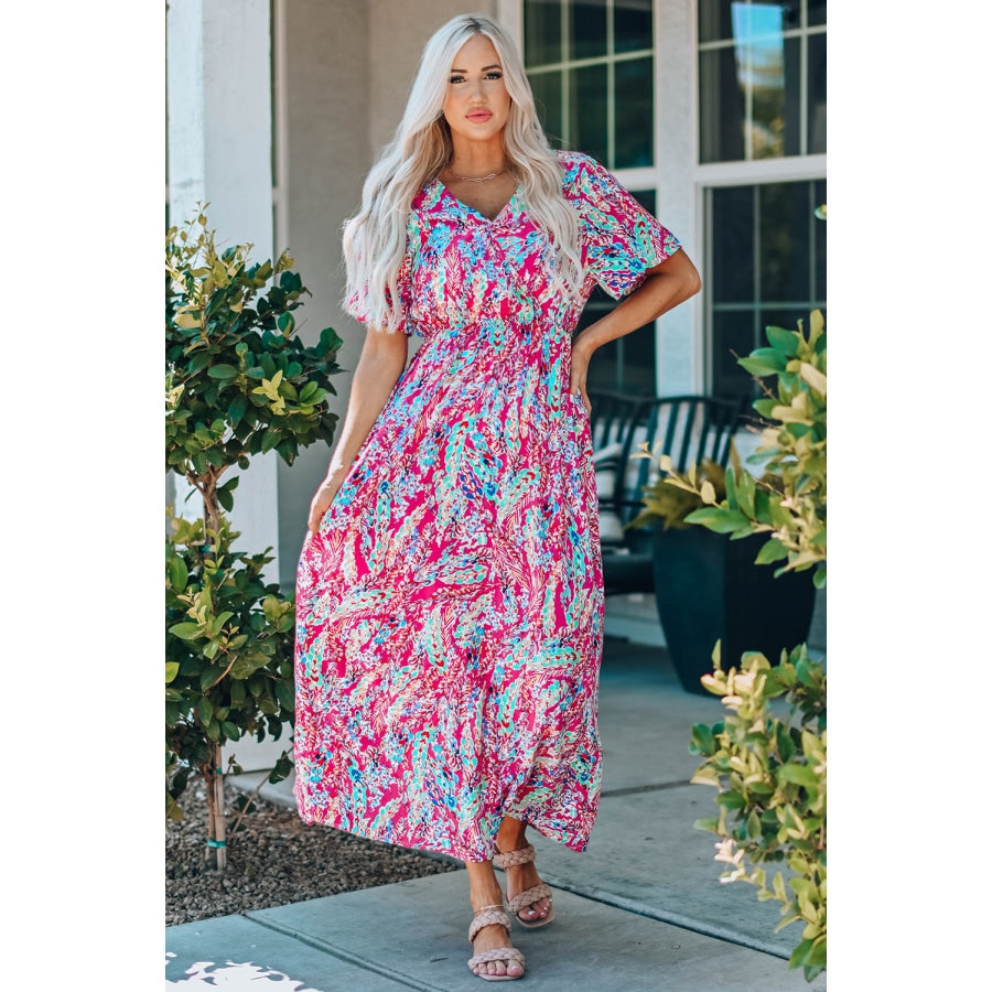 Multicolored V-Neck Maxi Dress Hot Pink / S