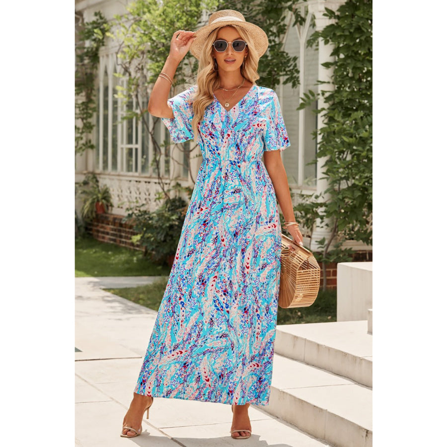 Multicolored V-Neck Maxi Dress Pastel Blue / S