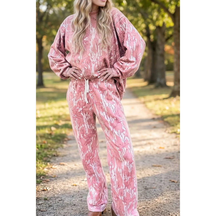 Multicolour Abstract Botanical Print Top and Drawstring Pants Set Dusty Pink / S Apparel and Accessories