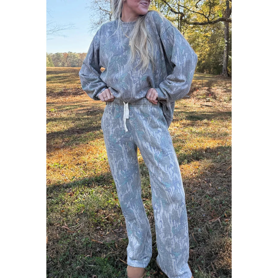 Multicolour Abstract Botanical Print Top and Drawstring Pants Set Gray / S Apparel and Accessories