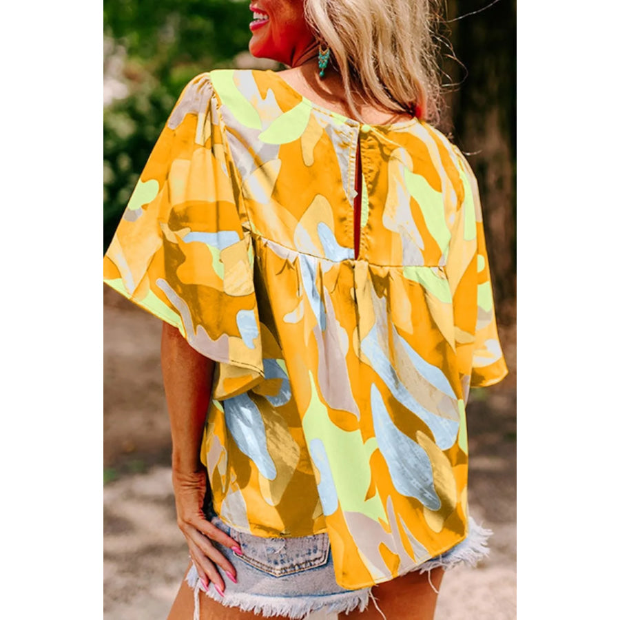 Multicolour Abstract Pattern Wide Sleeve Crew Neck Blouse Apparel and Accessories
