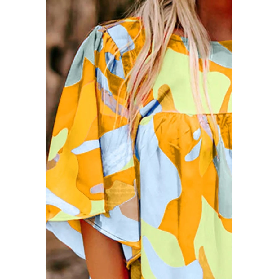 Multicolour Abstract Pattern Wide Sleeve Crew Neck Blouse Apparel and Accessories