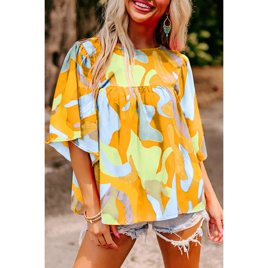 Multicolour Abstract Pattern Wide Sleeve Crew Neck Blouse Yellow / S Apparel and Accessories