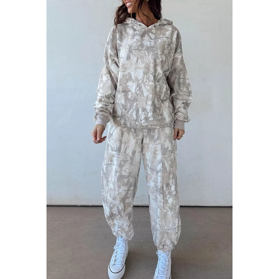 Multicolour Abstract Print Long Sleeve Elastic Waist Pant Set Light Gray / S Apparel and Accessories