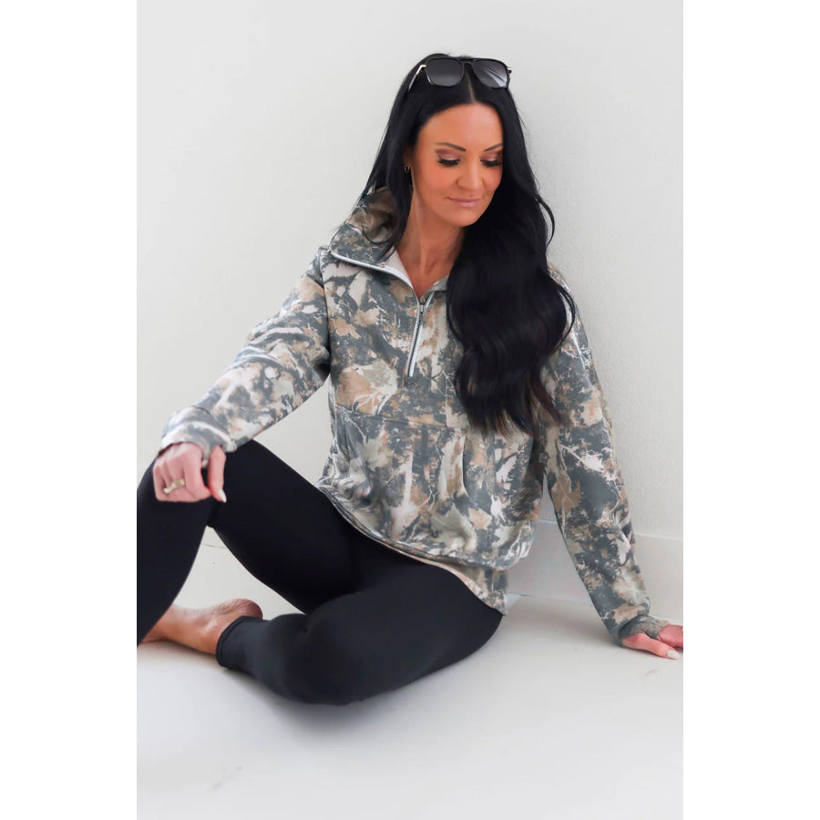 Multicolour Abstract Print Quarter Zip Kangaroo Pocket Sweatshirt Tops/Sweatshirts & Hoodies
